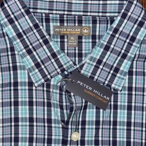 NWT Peter Millar Summer Comfort Long Sleeve Button Up Men's XL Blue Green Plaid